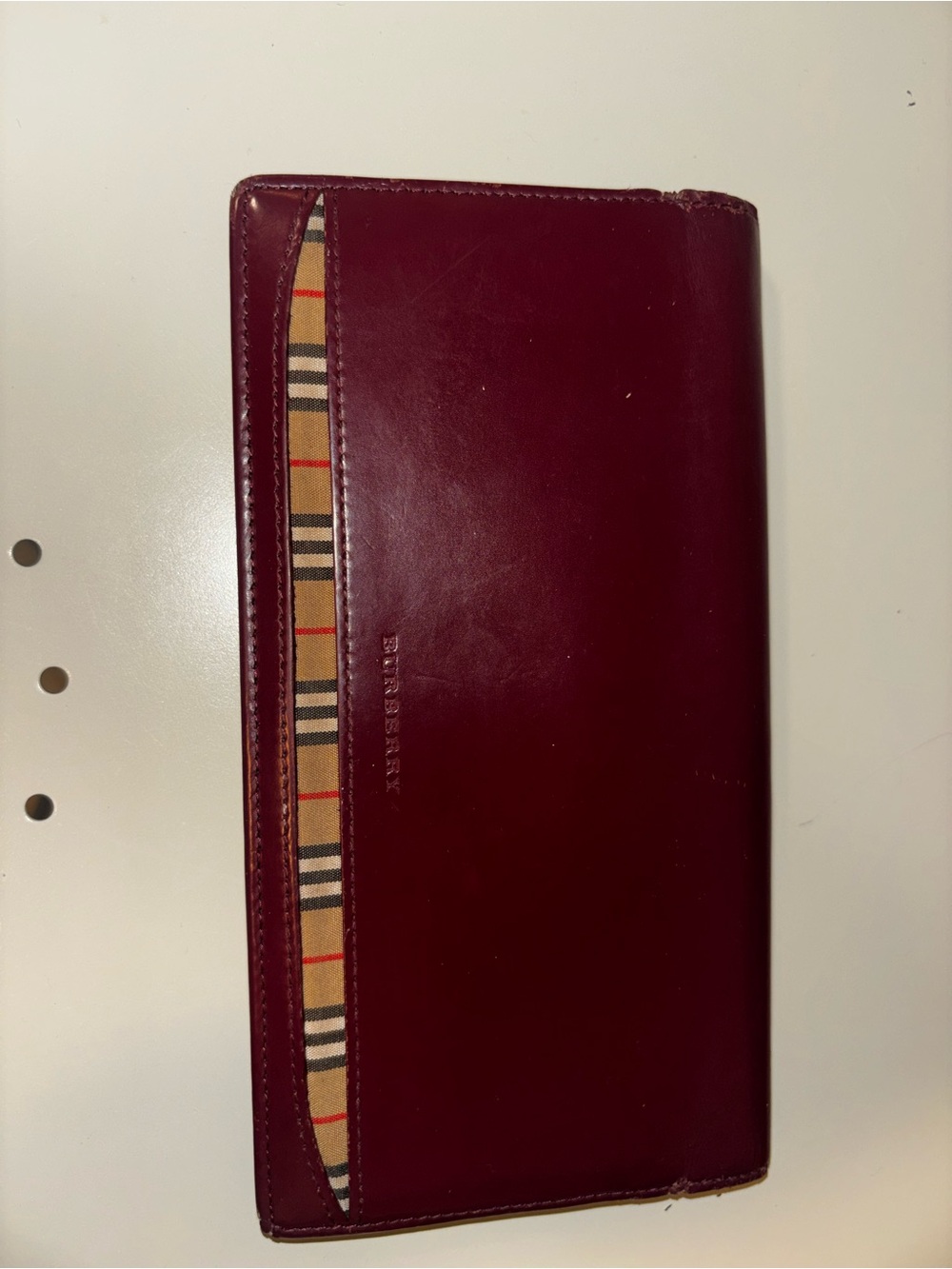 Burberry Burgundy Leather Continental Wallet with Signature Check Accent